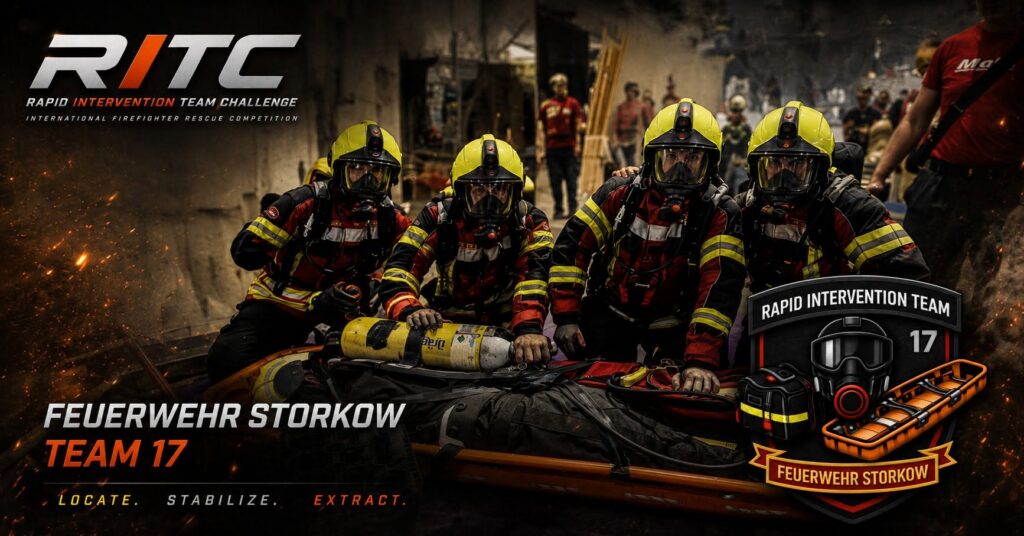 RIT Storkow, Team 17: vier Einsatzkräfte unter Atemschutz an einer Rettungstrage